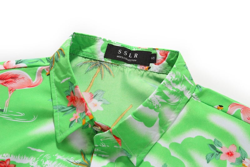 SSLR Mens Hawaiian Shirt Flamingos Casual Short Sleeve Button Down Shirts Aloha Shirt (Large, Light Green) - Image 3